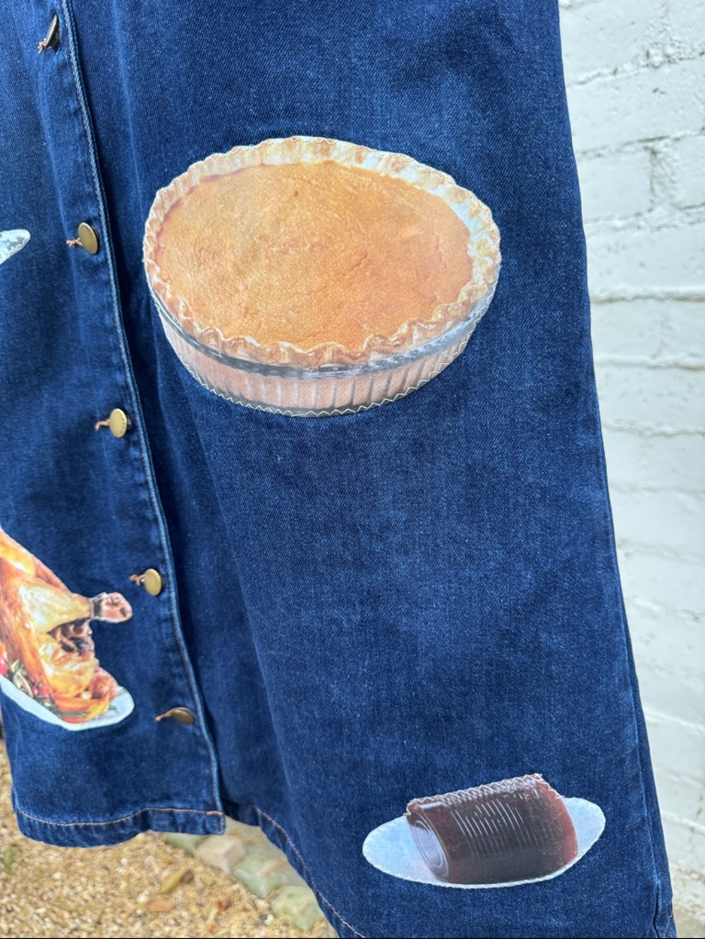 Cider Peter Pan Collar Denim Mini Dress Upcycled Thanksgiving Patches Size M - Picture 11 of 16